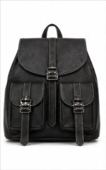 Grey Leather Backpack with Buckle-Flap Double Pockets