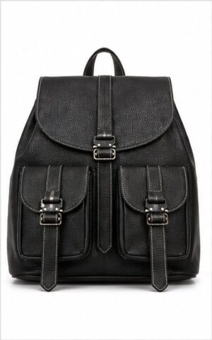 Grey Leather Backpack with Buckle-Flap Double Pockets