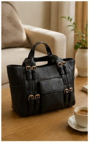Black Leather Multi-Buckle Weekender Duffel Bag