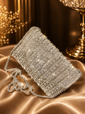 Silver Rhinestone Crystal Clutch with Chain