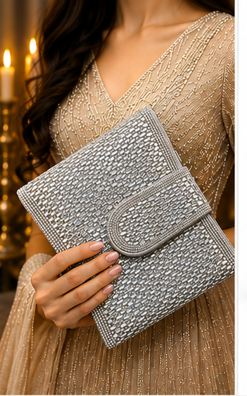 Silver Rhinestone Envelope Clutch with Circular Clasp - Image 2