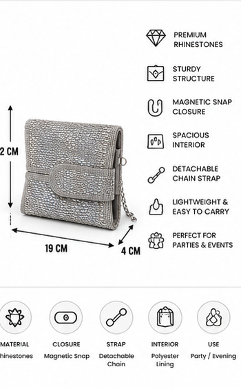 Silver Rhinestone Envelope Clutch with Circular Clasp - Image 4
