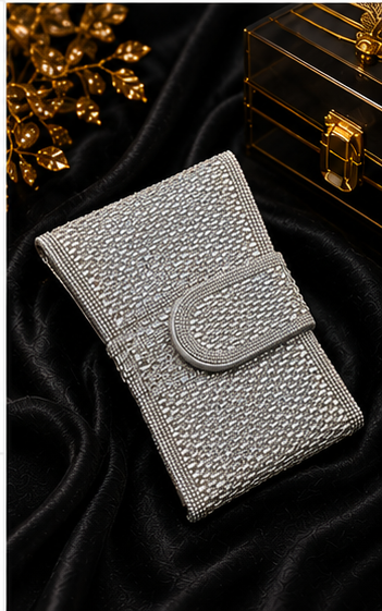 Silver Rhinestone Envelope Clutch with Circular Clasp