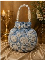 Blue Floral Embroidered Potli Bag with Pearl Handle