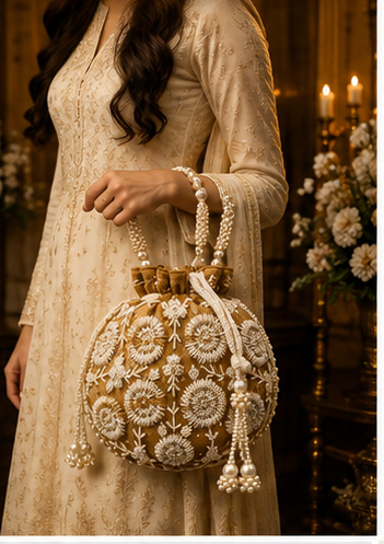 Beige Floral Embroidered Potli Bag with Beaded Handle - Image 2