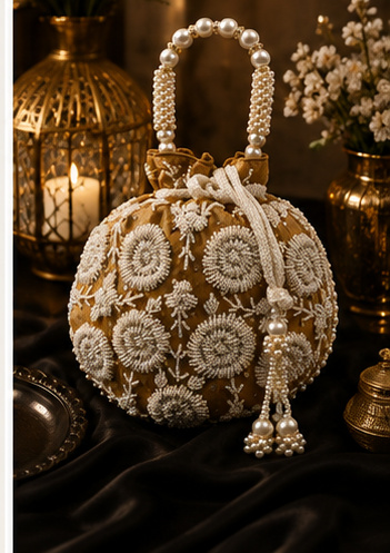 Beige Floral Embroidered Potli Bag with Beaded Handle - Image 5