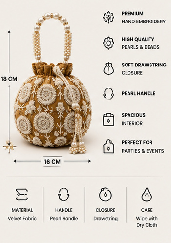 Beige Floral Embroidered Potli Bag with Beaded Handle - Image 4