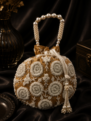 Beige Floral Embroidered Potli Bag with Beaded Handle