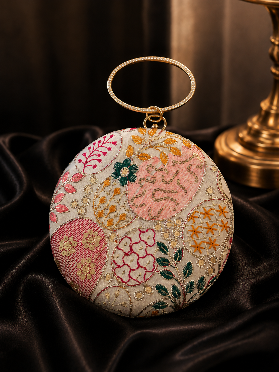 Round Floral Embroidered Ring Handle Clutch - Image 4