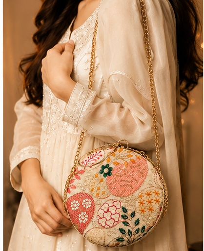 Round Floral Embroidered Ring Handle Clutch - Image 2