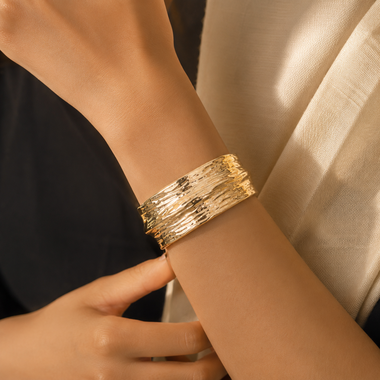 Gold Tone Textured Wide Cuff Bangle - Image 8