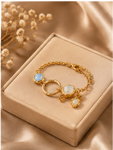 Gold Tone Double Circle Bracelet with Blue Accent - Image 5