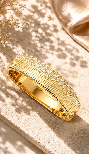 Gold Tone Ribbed Wide Bangle