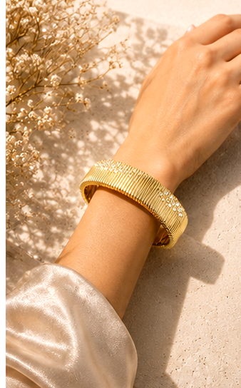 Gold Tone Ribbed Wide Bangle - Image 5