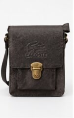 Textured Black Leather Crossbody Bag with Embossed Logo Flap