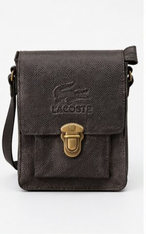 Textured Black Leather Crossbody Bag with Embossed Logo Flap