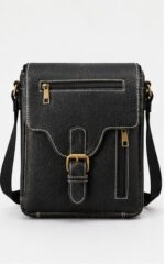 Black Leather Crossbody Bag with Contrast Stitch Buckle & Zip Pockets