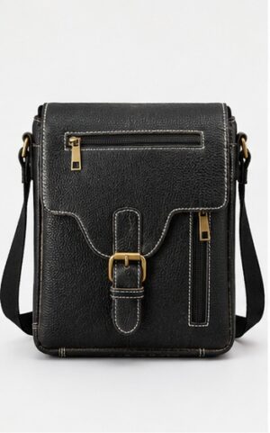 Black Leather Crossbody Bag with Contrast Stitch Buckle & Zip Pockets
