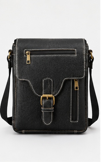 Black Leather Crossbody Bag with Contrast Stitch Buckle & Zip Pockets