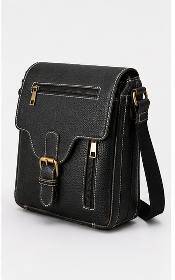Black Leather Crossbody Bag with Contrast Stitch Buckle & Zip Pockets - Image 3