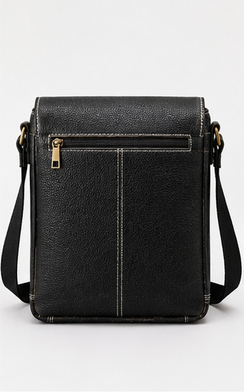 Black Leather Crossbody Bag with Contrast Stitch Buckle & Zip Pockets - Image 2