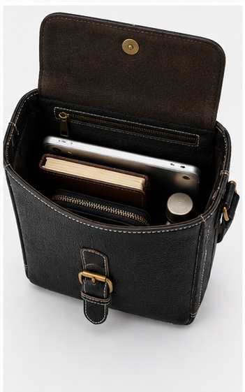 Black Leather Crossbody Bag with Contrast Stitch Buckle & Zip Pockets - Image 5