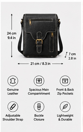 Black Leather Crossbody Bag with Contrast Stitch Buckle & Zip Pockets - Image 6