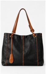Black Leather Bucket Bag with Stitched Handle Detail