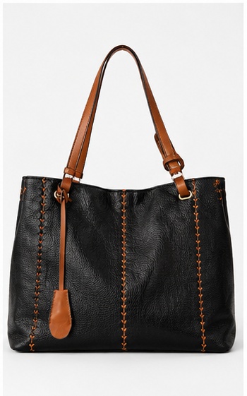 Black Leather Bucket Bag with Stitched Handle Detail