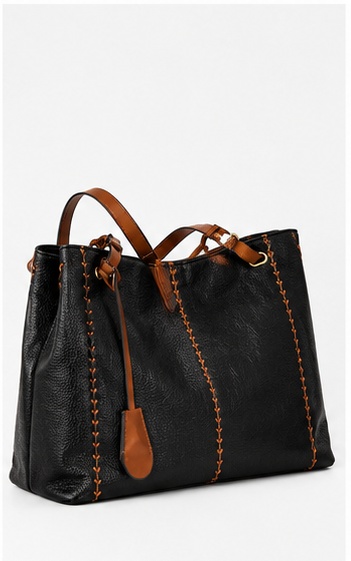 Black Leather Bucket Bag with Stitched Handle Detail - Image 3