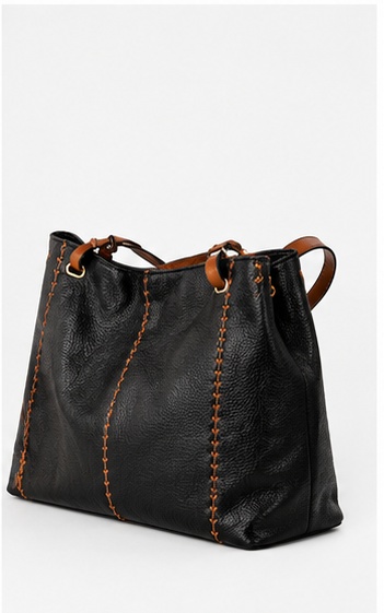 Black Leather Bucket Bag with Stitched Handle Detail - Image 2