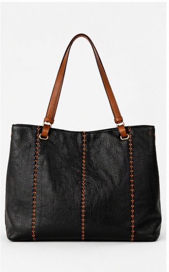 Black Leather Bucket Bag with Stitched Handle Detail - Image 4