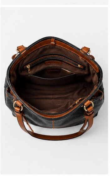Black Leather Bucket Bag with Stitched Handle Detail - Image 6