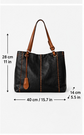 Black Leather Bucket Bag with Stitched Handle Detail - Image 7