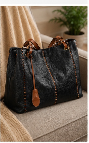 Black Leather Bucket Bag with Stitched Handle Detail - Image 5