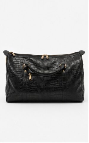 Black Textured Leather Duffel Bag