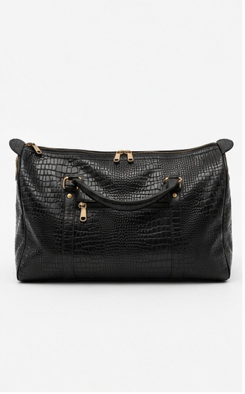 Black Textured Leather Duffel Bag