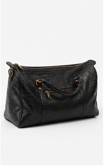Black Textured Leather Duffel Bag - Image 3
