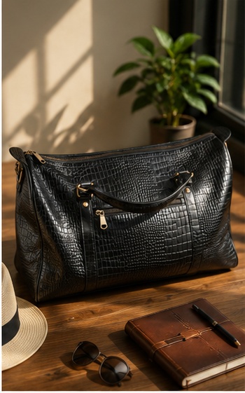 Black Textured Leather Duffel Bag - Image 4