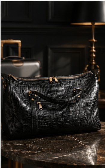 Black Textured Leather Duffel Bag - Image 7