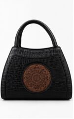Black Textured Tote with Medallion Detail & Curved Handles