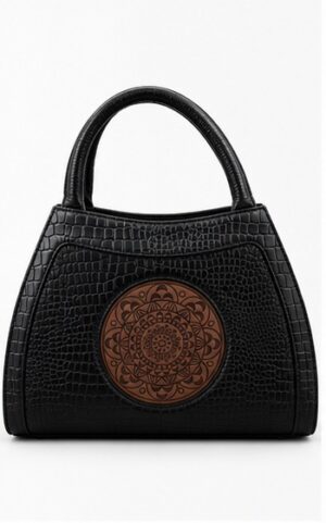 Black Textured Tote with Medallion Detail & Curved Handles