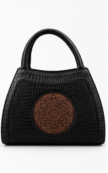 Black Textured Tote with Medallion Detail & Curved Handles