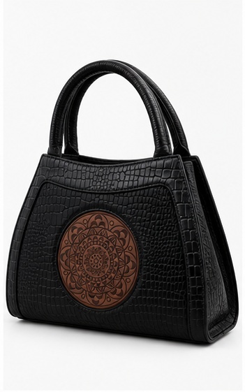 Black Textured Tote with Medallion Detail & Curved Handles - Image 3