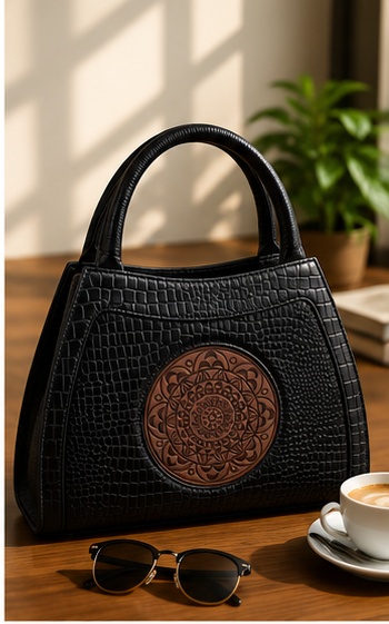 Black Textured Tote with Medallion Detail & Curved Handles - Image 4