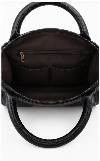 Black Textured Tote with Medallion Detail & Curved Handles - Image 6