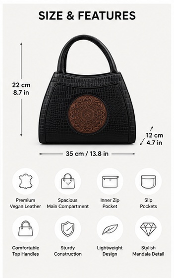 Black Textured Tote with Medallion Detail & Curved Handles - Image 7
