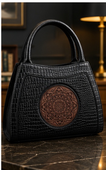Black Textured Tote with Medallion Detail & Curved Handles - Image 8
