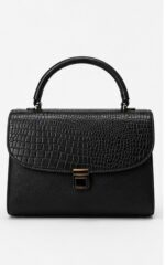 Black Croc-Embossed Leather Satchel with Twist-Lock Closure