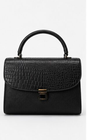 Black Croc-Embossed Leather Satchel with Twist-Lock Closure